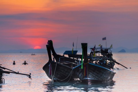 Longtail boat at sunset at Railay beach, evening mood, sun, evening, boat, sea, seascape, cloud,