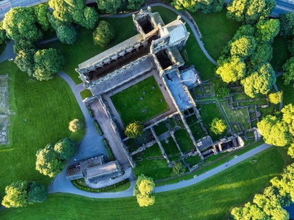 Top Down over Kirkstall Abbey from a drone, Kirkstall, River Aire, Leeds, West Yorkshire, England,