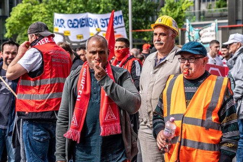 Demonstration by many thousands of steelworkers in front of the ThyssenKrupp headquarters in Essen