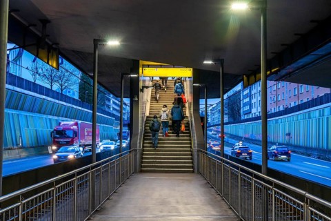 Underground station, Breslauer Straße U18, in the middle of the A40 motorway, Essen city centre,
