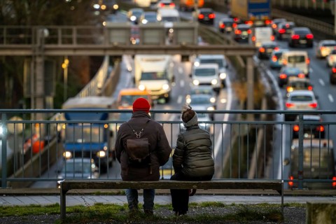 Traffic jam on the A40 motorway, city passage, Essen-Huttrop junction, traffic jam in both