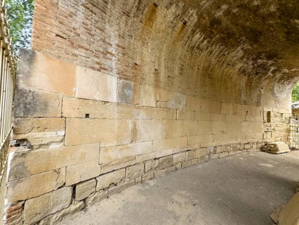 View of sandstone blocks Stones made of sandstone with written chiselled laws carved into the wall