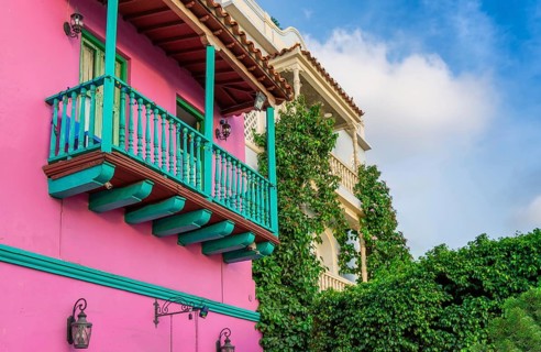 Colombia, Scenic colorful streets of Cartagena in historic Getsemani district near Walled City