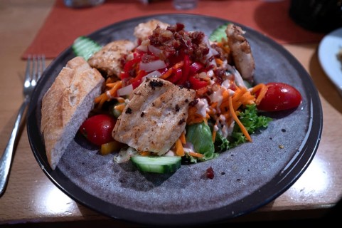 Salad with roasted turkey strips served in a restaurant, Bavaria, Germany, Europe