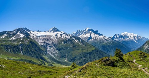 Mountain panorama with glaciated mountain peaks, Aiguille Verte with Aiguille du Midi and Mont