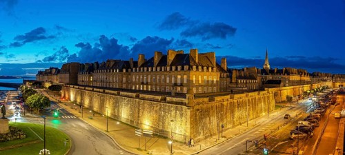 City wall illuminated panorama St. Malo France