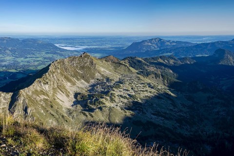 Panorama from the Nebelhorn, 2224m, to the Entschenkopf, 2043m and the Grünten, 1783m, Allgäu Alps,