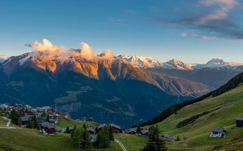 Bettmeralp with view of the Rhone valley, evening mood, alpenglow, tourism, mountain village,