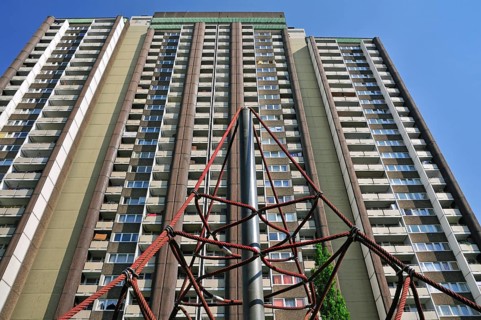 Residential tower block KölnBerg, a social hotspot in the Meschenich district of Cologne, North