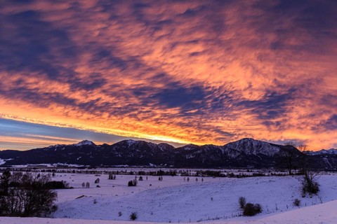 Dawn, clouds over mountains, winter, snow, Loisach-Lake Kochel moor, Kochler mountains behind,