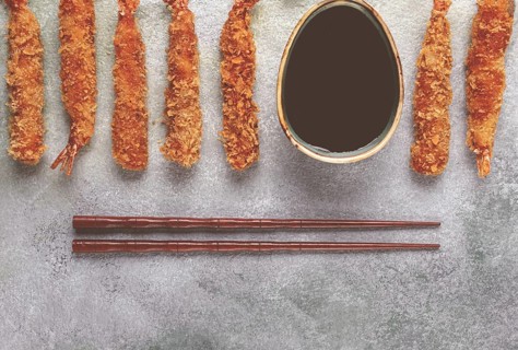 Fried tiger prawns in tempura, top view, soy sauce, chopsticks