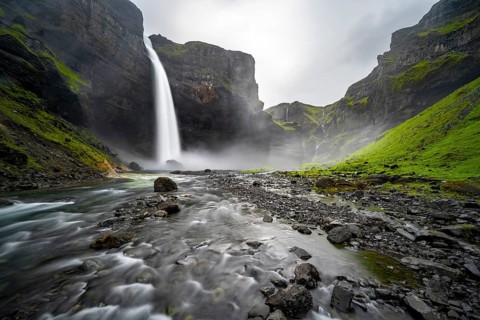 Haifoss and Granni waterfall at a canyon, Fossá í Þjórsárdal, with river í Þjórsárdal, long