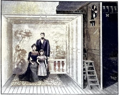 Boyer's photo studio, a wooden scaffold with gauze-like material stretched over it. This produced
