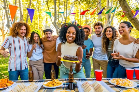African woman celebrating birthday with cake during picnic with multi-ethnic friends in a public