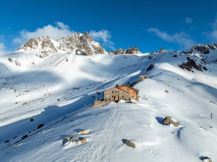SAC Alpine Club hut in winter, Chamanna d'Es-cha, Pitz Blaisun, Albula Alps, Grisons, Switzerland,