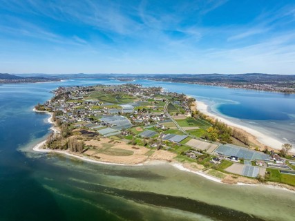 Aerial view of the island of Reichenau at low tide and spring-like vegetation, Lake Constance,