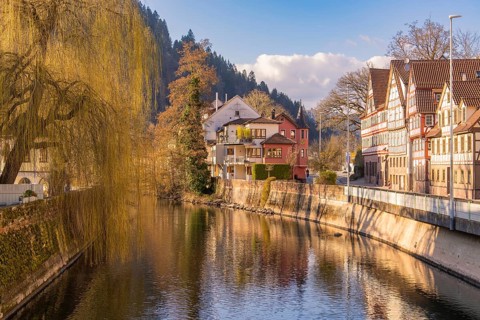 Idyllic town view with river and historic half-timbered houses in autumn, Calw in spring, Black