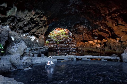 Underground salt lake in a cave, art and cultural site, Jameos del Agua event venue, lava tube,