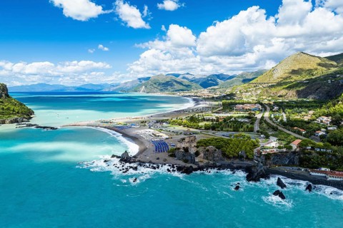 Praia a Mare from a drone, Tyrrhenian Sea, Cosenza, Calabria, Italy, Europe