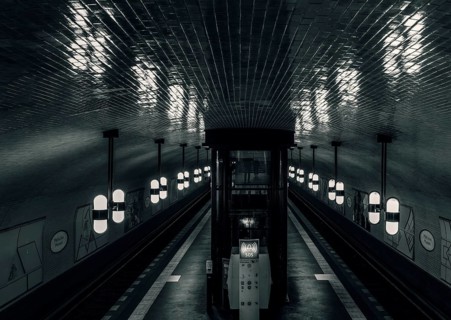 Black and white photograph, interior shot, Märkisches Museum underground station, Berlin, Germany,