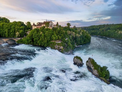Laufen Castle with Rhine Falls, aerial view, Neuhausen, Canton Schaffhausen, Switzerland, Europe