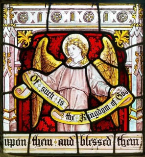 Detail of angel on stained glass window 'Suffer the Little Children' by Burlison & Grylls c 1880,