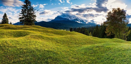 Humpback meadows between Mittenwald and Krün, Werdenfelser Land, behind it the Wettersteinspitze,