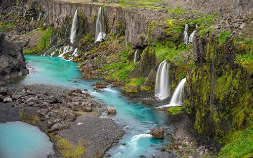 Waterfalls and a turquoise blue river flowing through a canyon, Sigöldugljúfur, long exposure,