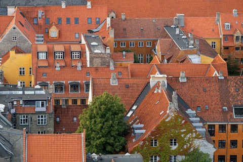 View from the Vor Frelsers Kirke to the old town centre of Christianshavn, Copenhagen, Denmark,