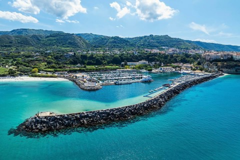 Port and Marina in Tropea from a drone, Tyrrhenian Sea, Calabria, Italy, Europe