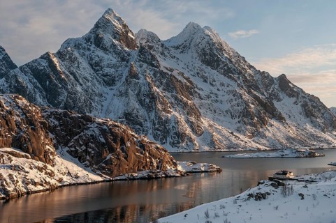 Mærvoll village with Himmeltindan mountain, 964m, Lofoten island Vestvågøya, Lofoten, Northern