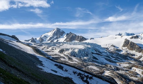 High alpine mountain landscape, summit of the Aiguille de Chardonnet and Glacier du Tour, glaciers