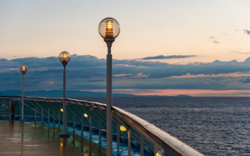 TUI Marella Discovery Cruise Ship at Sunrise over Mediterranean Sea, Barcelona, Spain, Europe