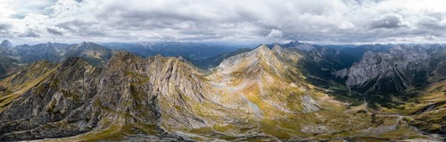 Aerial view, Alpine panorama, Raudenspitze and Carnic High Trail, Carnic Main Ridge, Carnic Alps,