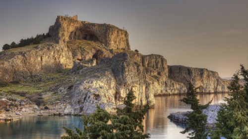 Early morning light, Acropolis of Lindos, Bay of St Paul, Lindos, Rhodes, Dodecanese, Greek