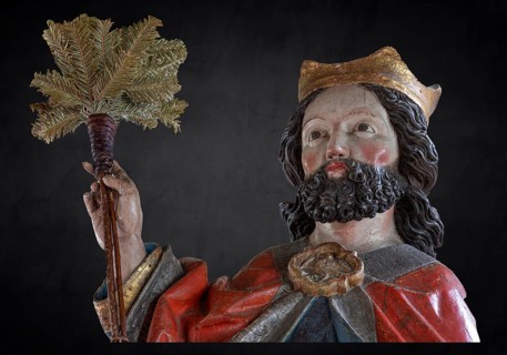 Head of Christ, detail of the palm donkey on a black background, wooden figure from around 1470,