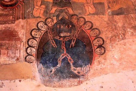 Wall painting in the Abraha Atsbeha rock church, Abreha wa Atsbeha monastery, Ethiopia, Africa