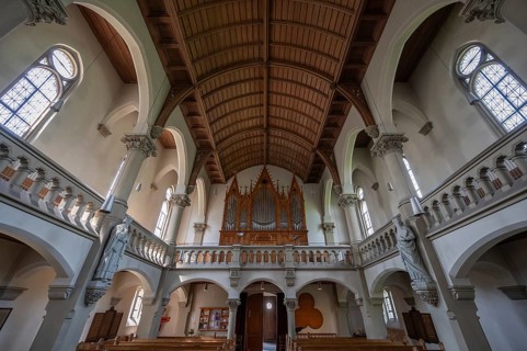 Interior with organ loft of St. Johannis Church, Forchheim, Upper Franconia, Bavaria, Germany,