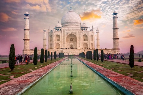 Taj Mahal on sunrise sunset, Indian Symbol, India travel background. Agra, Uttar Pradesh, India,