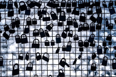 Padlocks, so-called love locks on a fence, vantage point in Wesel am Rhein, North Rhine-Westphalia,