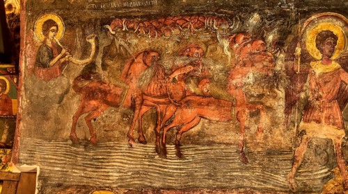 Antique fresco with depictions of saints, camels and biblical scene, Asklipio village, Asklipion,
