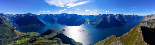 Panoramic aerial view of the Hjørundfjord, from inner fjord to the open sea, Norway, Europe