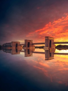 View of the Langwedel hydroelectric power station at sunset, Langwedel, Verden, Lower Saxony,