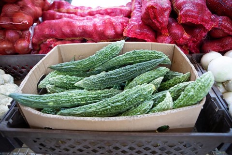Bitter gherkins, souk or soug or market in the old town of Nizwa, ad-Dachiliyya region, Oman, Asia