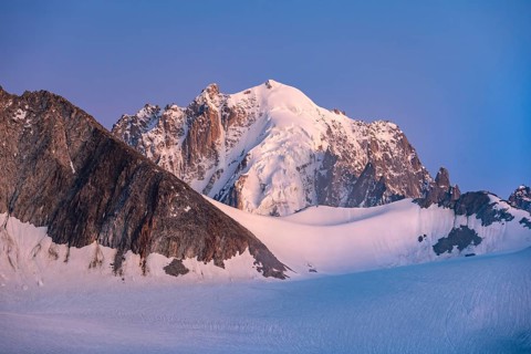 High alpine mountain landscape at sunset, Glacier du Tour, glacier and mountain peak, summit of the