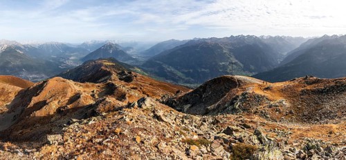 Mountain panorama at Kreuzjoch summit, view of Tschirgant summit and the Oberinntal valley and into