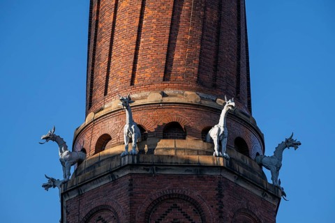 Detail, coiled industrial chimney by Carl Jacobsen, Vilhelm Dahlerup and PS Beckmann with replicas