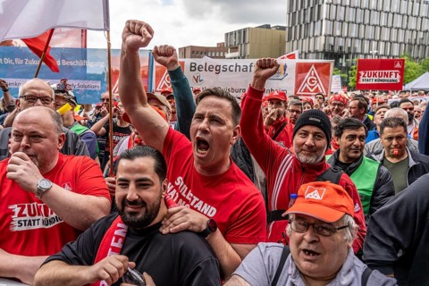 Demonstration by many thousands of steelworkers in front of the ThyssenKrupp headquarters in Essen
