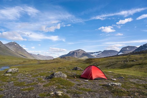 Tent in mountain landscape, Sarek National Park, World Heritage Laponia, Norrbotten, Lapland,