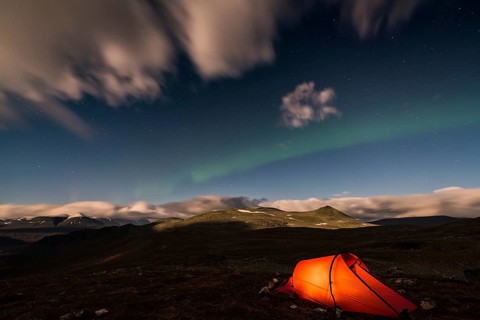 Tent in mountain landscape, Sarek National Park, World Heritage Laponia, Norrbotten, Lapland,